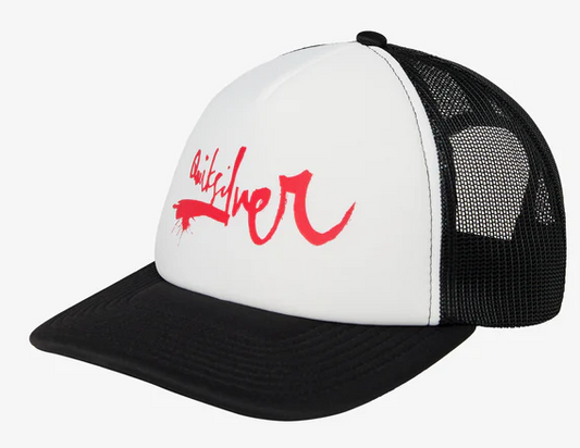 Quiksilver DNA Impaired Trucker Cap in black mesh with white crown and red printing from front angular view