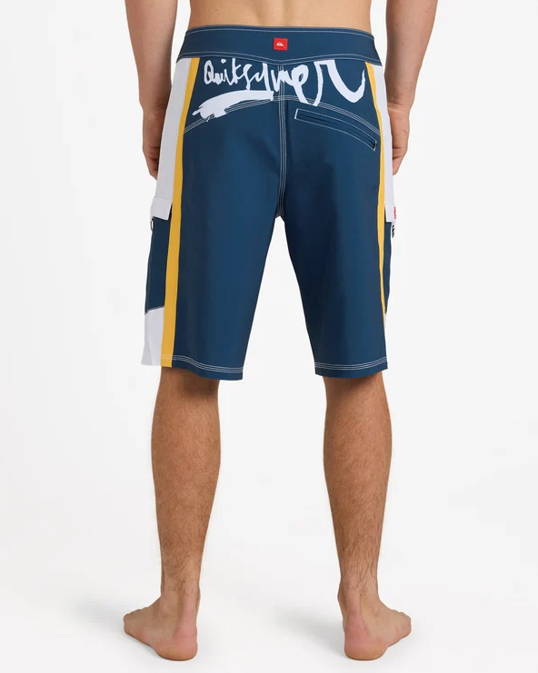 Quiksilver Eliminator 21" Mens Boardshorts in dark denim colour from rear showing backside Quiksilver print