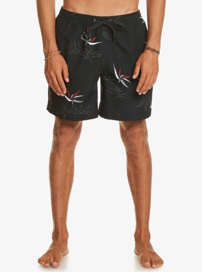 Quiksilver Everyday Mix 17" Volley Shorts in black with tropical plants from front