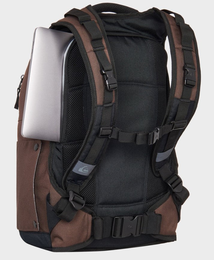Quiksilver Grenade 32 Litre Backpack in chocolate colour from rear view showing laptop pocket