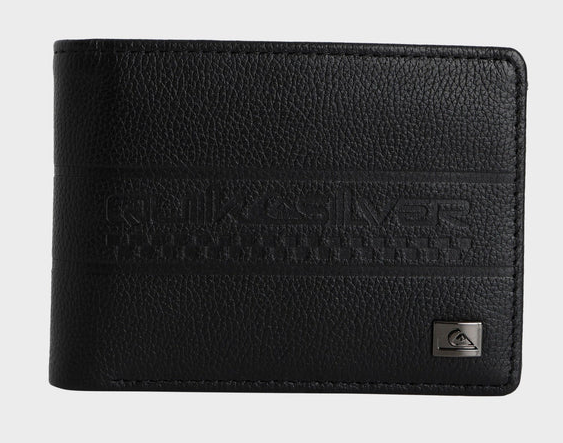 Quiksilver Gut Fiver Leather Wallet
  in black from front showing embossed Quiksilver logo