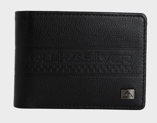 Quiksilver Gut Fiver Leather Wallet
  in black from front showing embossed Quiksilver logo