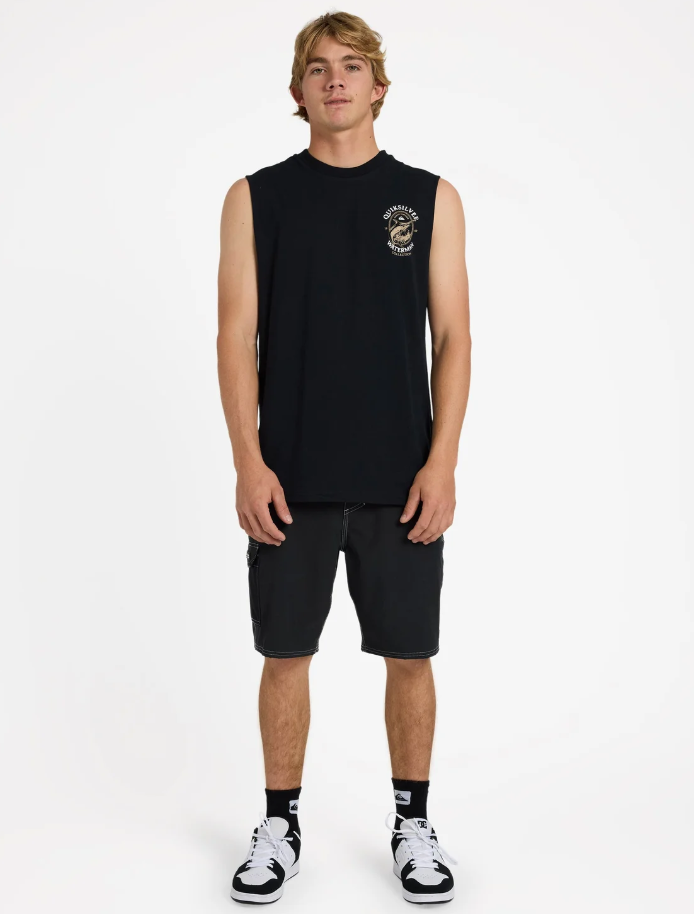 Quiksilver Hard Line Muscle Top in black on model from front