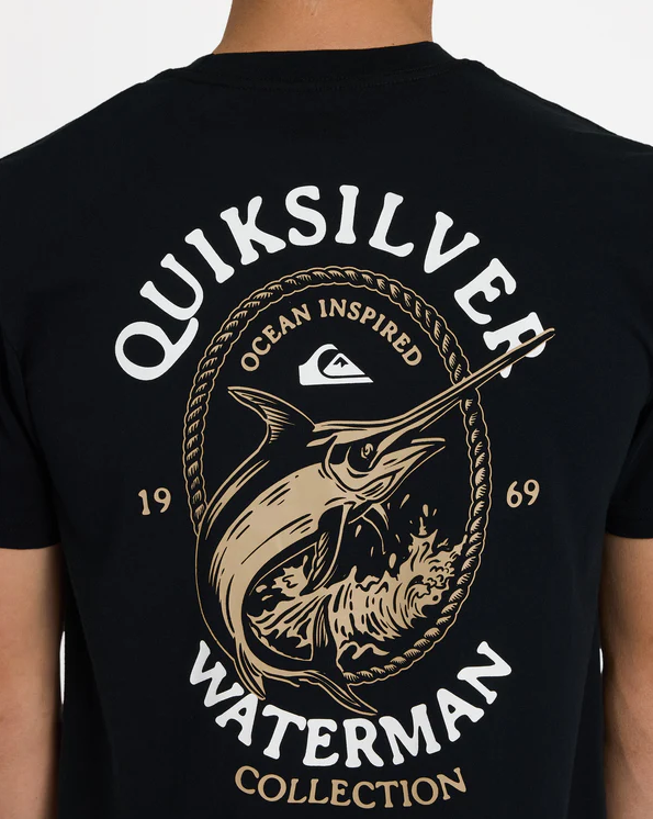 Quiksilver Hard Line T-Shirt in black from rear close up showing marlin print