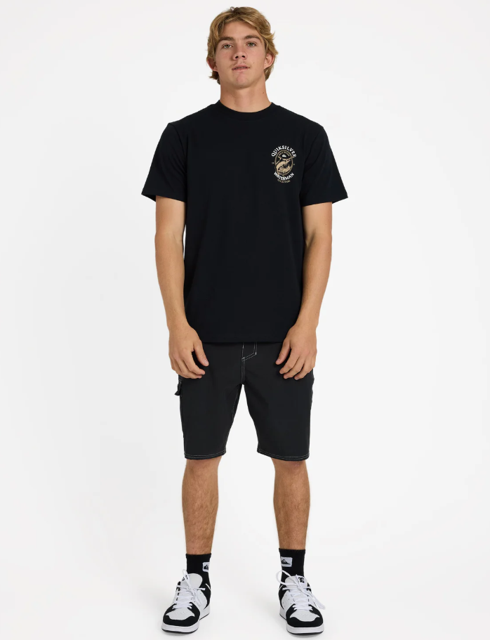 Quiksilver Hard Line T-Shirt in black on model in black boardshorts from front 