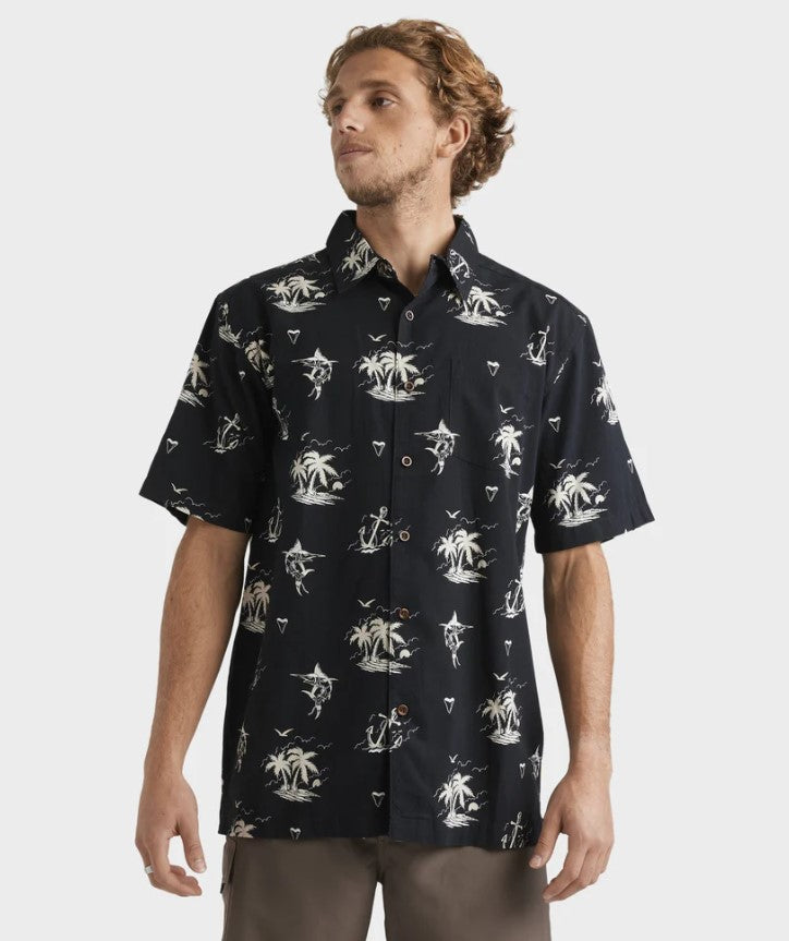 Quiksilver Horizon Haze Short Sleeve Shirt in black with light coloured marlin and beach print