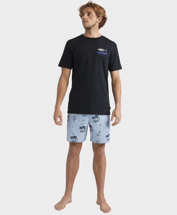 Quiksilver Horizon Haze Volley Shorts in blue on model wearing a black tee
