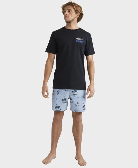 Quiksilver Horizon Haze Volley Shorts in blue on model wearing a black tee