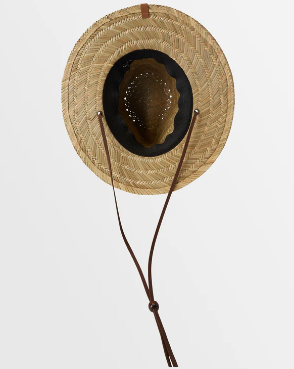 Straw hat with a leather band on a light gray background