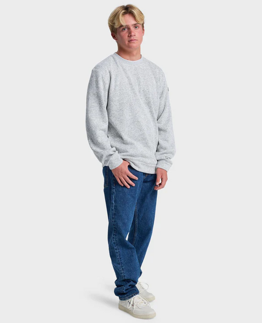 Quiksilver Men's Keller Crew in light grey heather on model in blue jeans from front