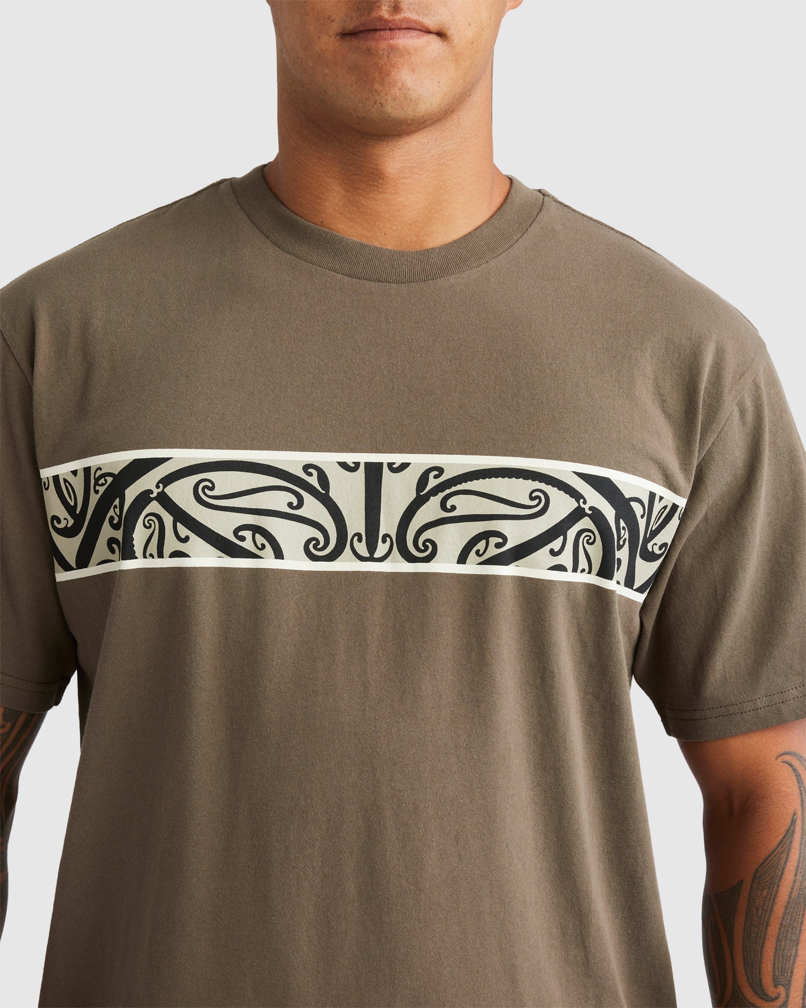 Quiksilver Kowhaiwhai-Mangopare Panel Tee in canteen colour close up of front