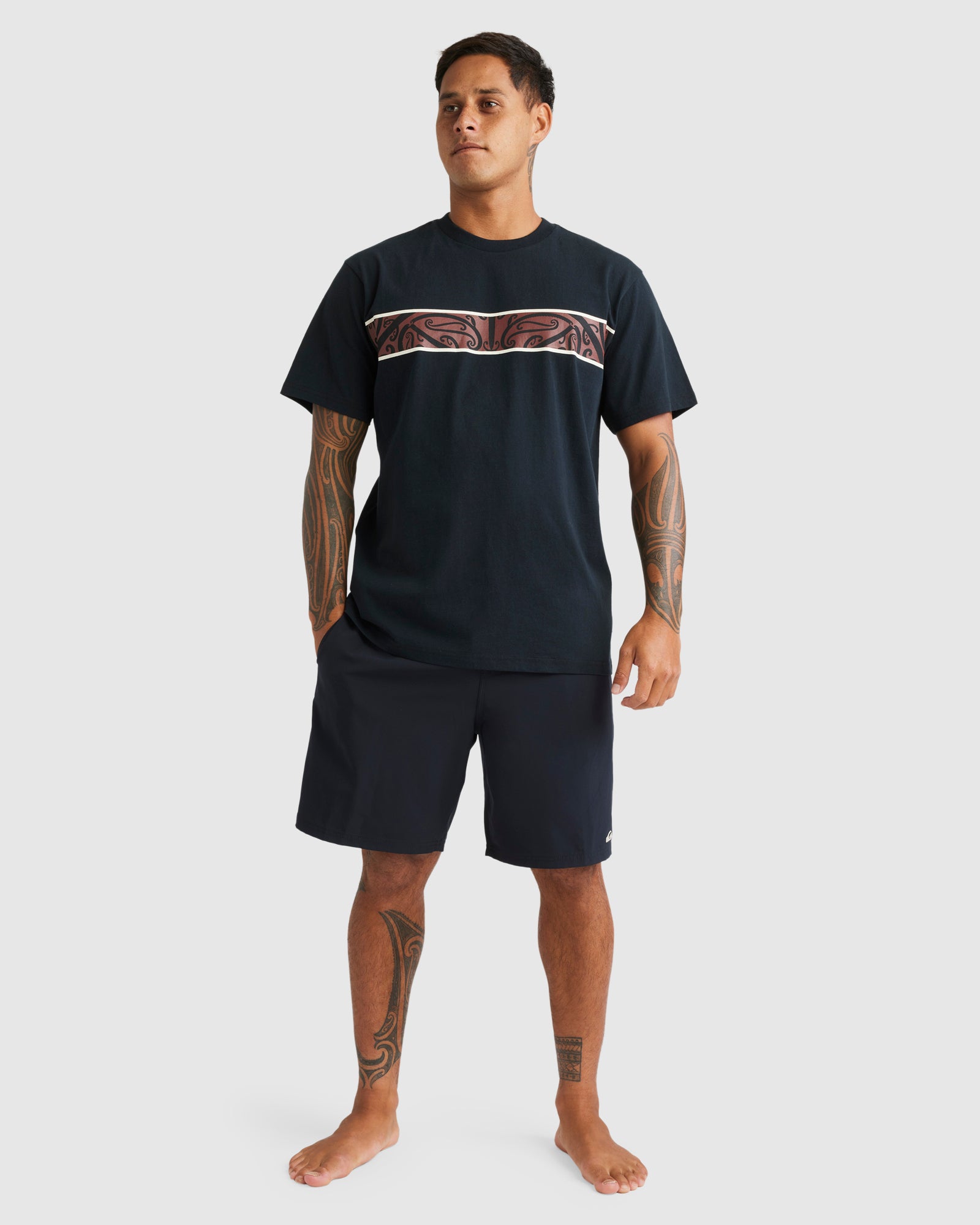 Quiksilver Kowhaiwhai-Mangopare Panel Tee in black from front on Kehu Butler