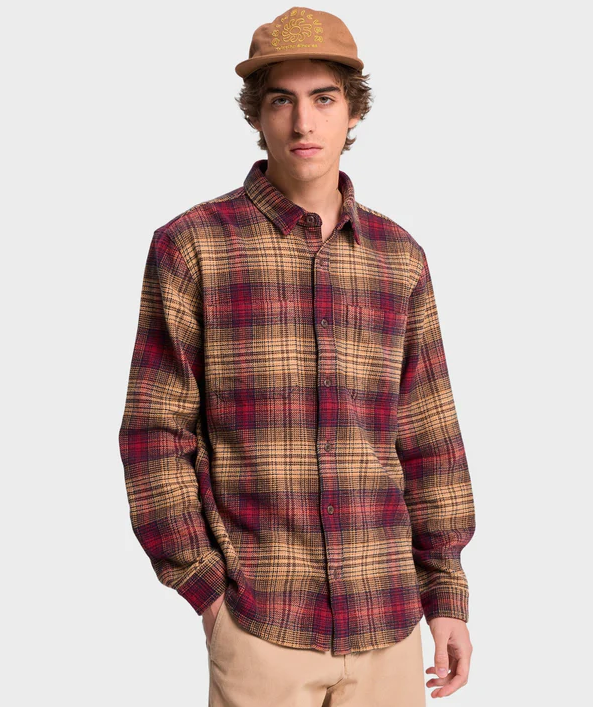 Quiksilver DNA Men's Flannel Shirt in tobacco red check on model from front close up