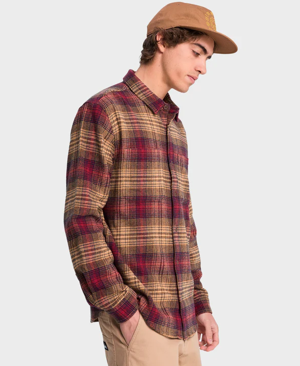 Quiksilver DNA Men's Flannel Shirt in tobacco red check from side on model