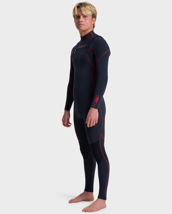 Quiksilver Mercury 4/3mm Chest Zip Wetsuit in salsa colurway, blue with red detailing from side