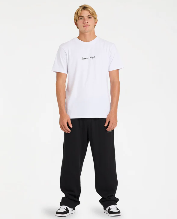 Quiksilver Mercury Poised Men's Carpenter Pants in black on model in white Quiksilver tee from front