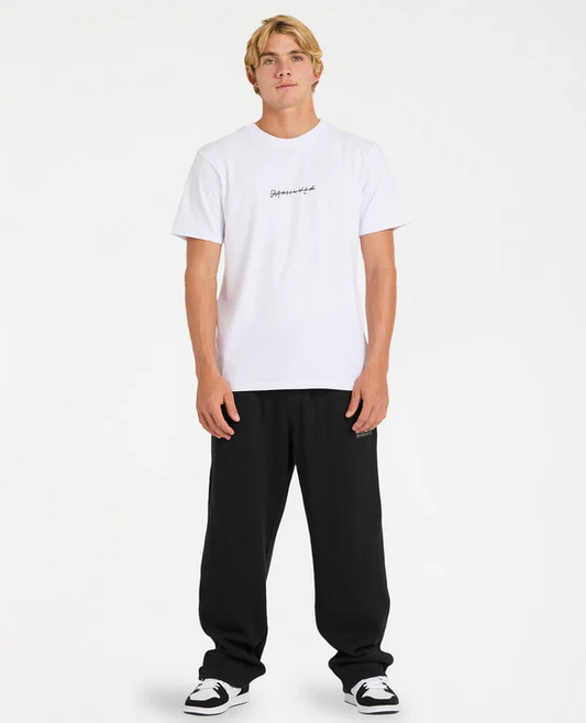 Quiksilver Mercury Poised Men's Carpenter Pants in black on model in white Quiksilver tee from front