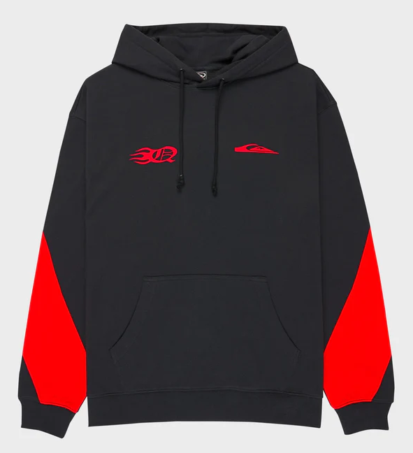 Quiksilver Mercury Trident Hoodie in black wirth red detailing flatlay from front