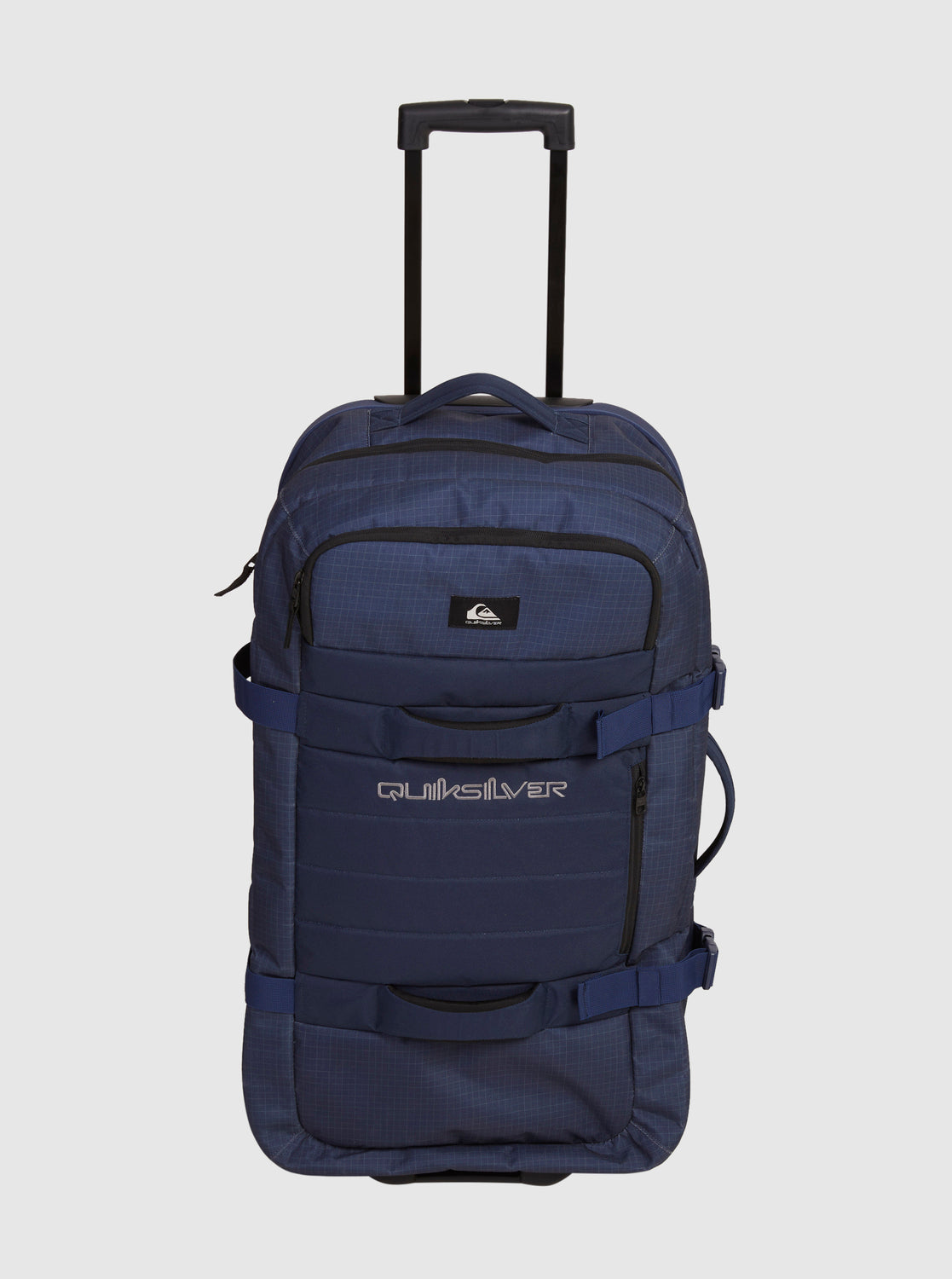 Quiksilver New Reach 100L Travel Bag naval academy colour standing with telescopic handle outstretched