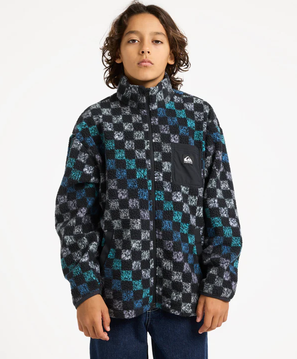 Quiksilver Next Gen Youth Polar Fleece in black and multi colour on young model from front