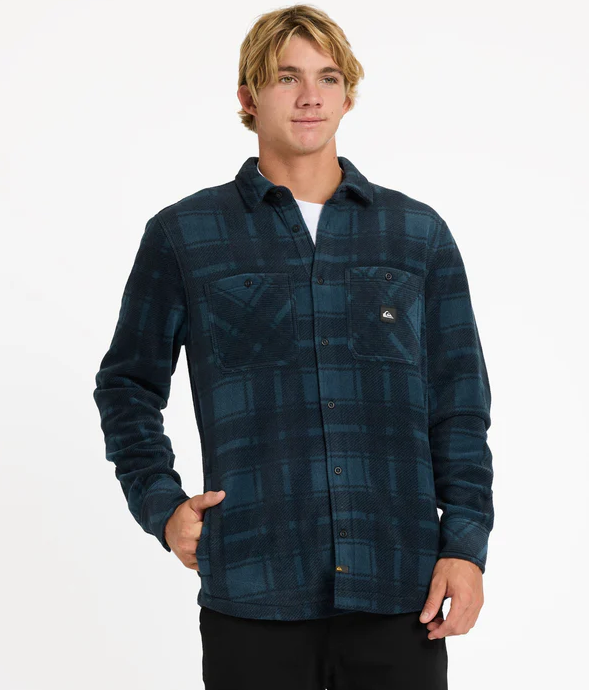 Quiksilver North Seas Expedition Long Sleeve Polar Shirt in midnight navy checked colourway on model from front