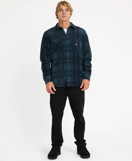 Quiksilver North Seas Expedition Long Sleeve Polar Shirt in midnight navy checked colourway on model from front