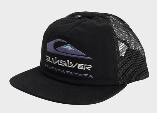 Quiksilver Oasis Trucker Cap in black with purple and silver embroidery