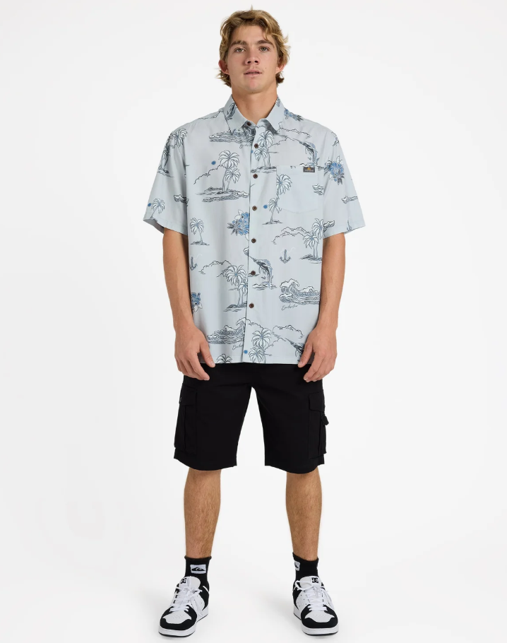 Quiksilver Ocean Woven Short Sleeve Shirt in grey violet colourway on model in black shorts from the front