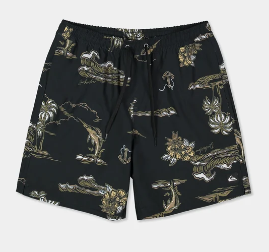 Quiksilver Ocean 18" Volley Shorts in black with ocean style print from front flatlay