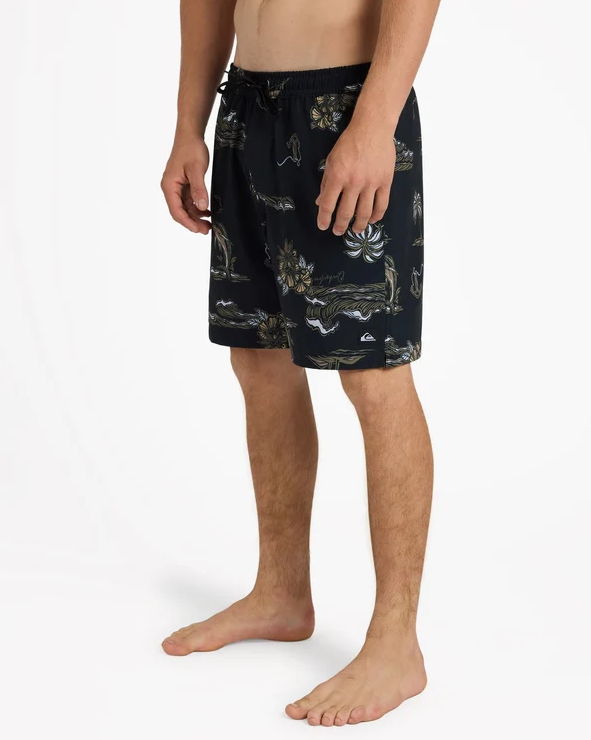 Quiksilver Ocean 18" Volley Shorts in black with ocean style print from side