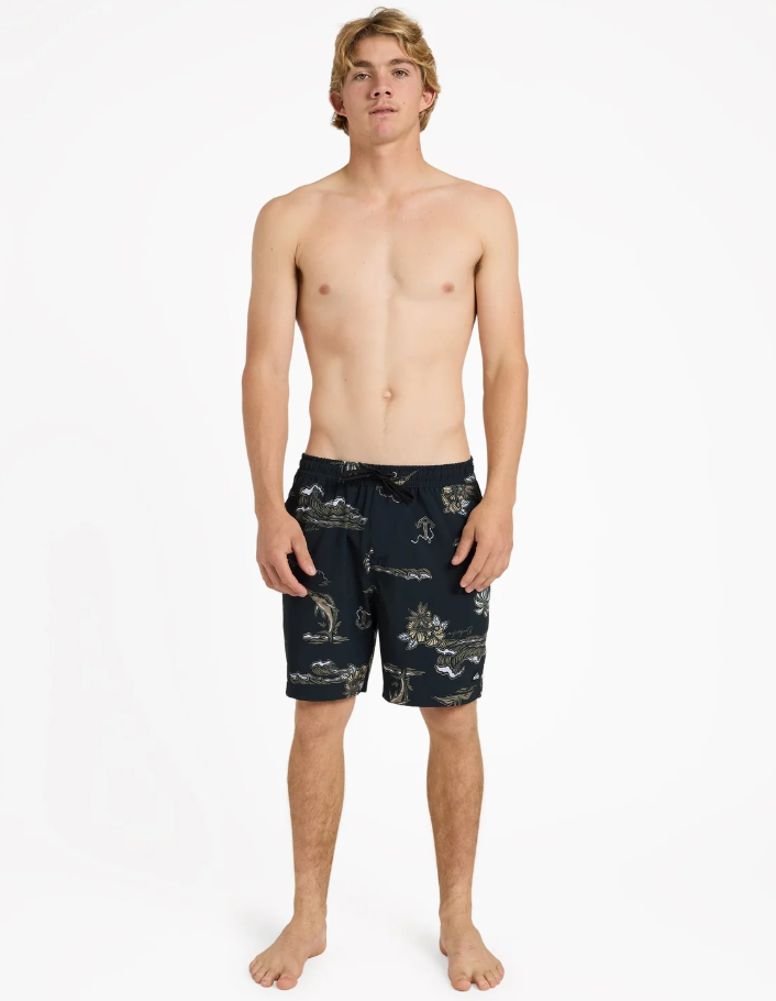 Quiksilver Ocean 18" Volley Shorts in black with ocean style print on model from front