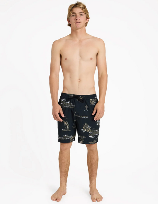 Quiksilver Ocean 18" Volley Shorts in black with ocean style print on model from front
