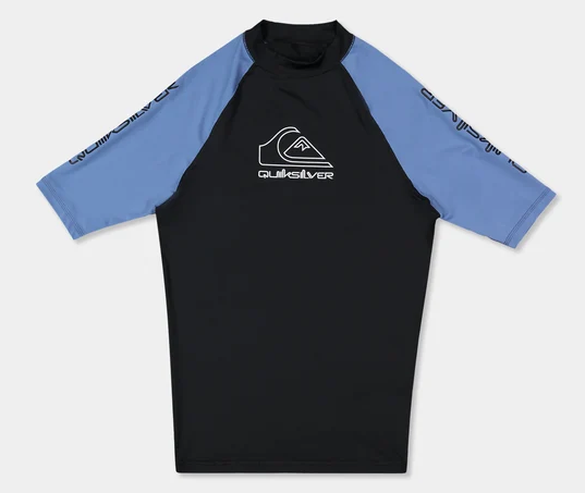 Quiksilver On Tour Short Sleeve Mens Rashie in quiet harbour colourway flatlay from the front