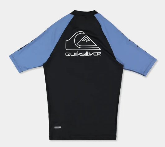 Quiksilver On Tour Short Sleeve Mens Rashie in quiet harbour colourway flatlay from the rear