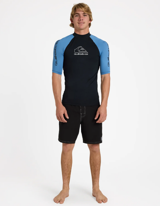 Quiksilver On Tour Short Sleeve Mens Rashie in quiet harbour colourway on model from front