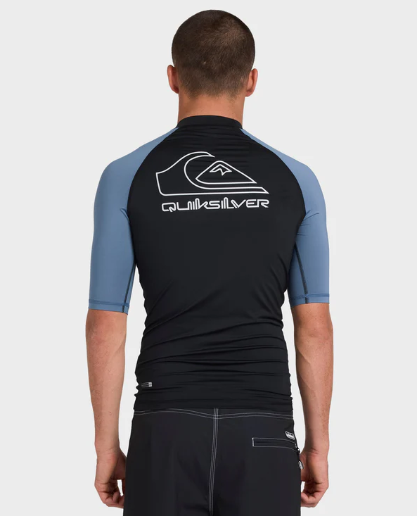 Quiksilver On Tour Short Sleeve Mens Rashie in china blue on model from rear