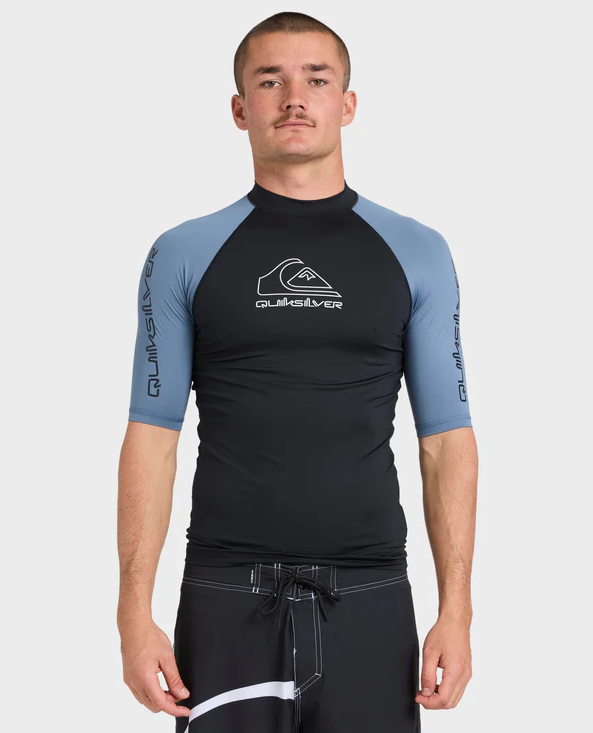 Quiksilver On Tour Short Sleeve Mens Rashie in china blue on model from front