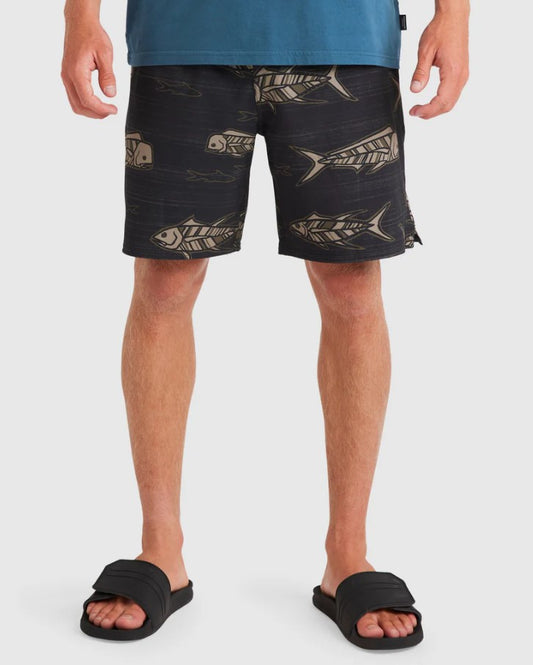 Quiksilver Out Of Office 17" Volley Shorts in black with fish detail in tan from front view