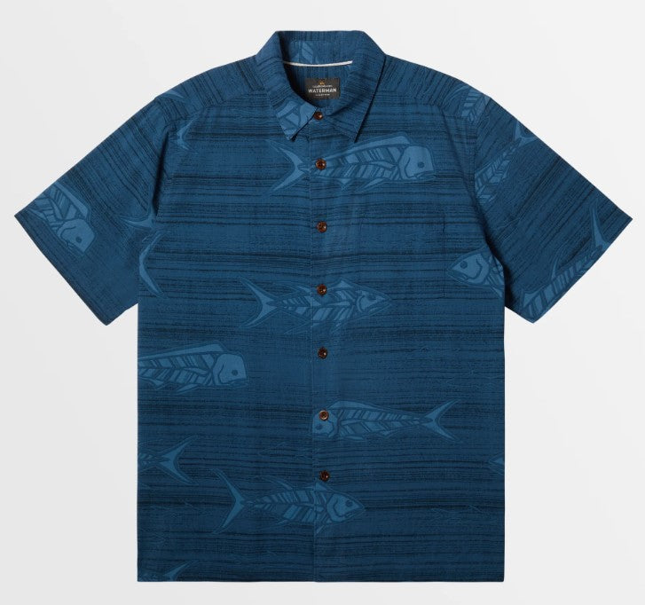 Quiksilver Watermans Out Of Office Short Sleeve Shirt in majolica blue with fish print