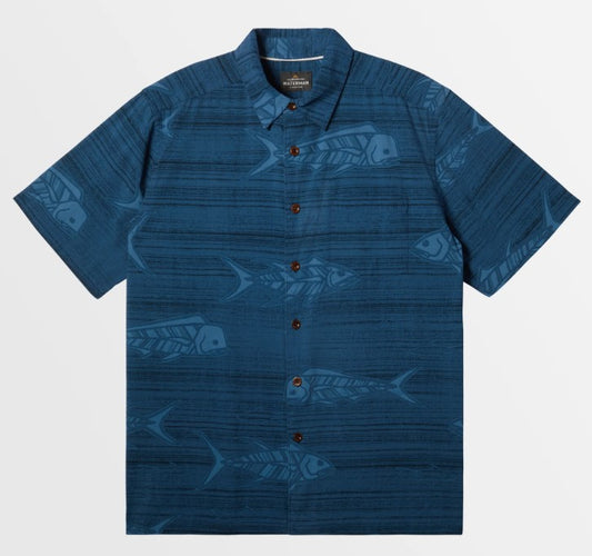 Quiksilver Watermans Out Of Office Short Sleeve Shirt in majolica blue with fish print