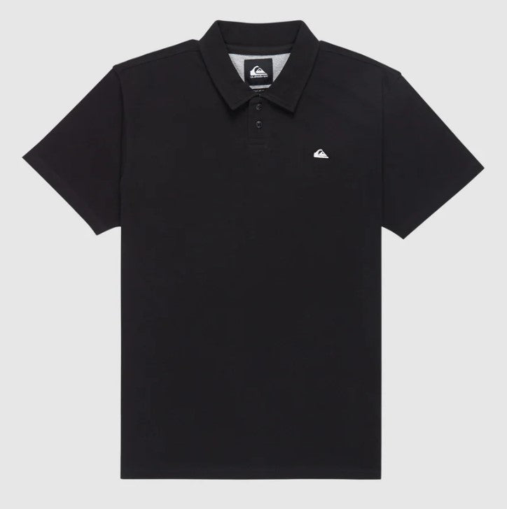Quiksilver Pique Polo Shirt in black from front with emboidered white quiksilver logo