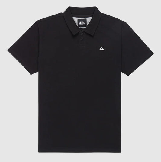 Quiksilver Pique Polo Shirt in black from front with emboidered white quiksilver logo