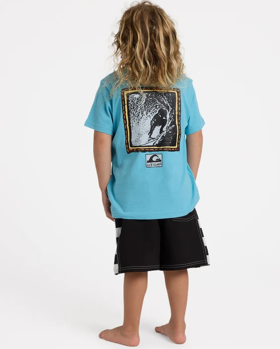 Quiksilver Pitted Boys Tee in light blue on model from rear showing photo style back print