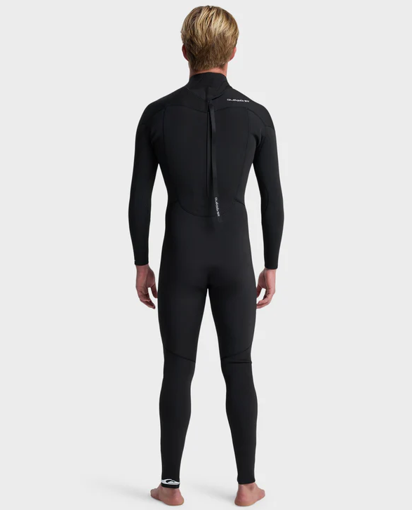 Quiksilver Prologue+ 4/3mm GBS Back Zip Wetsuit in black with white Quiksilver logo on model from rear
