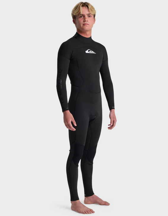 Quiksilver Prologue+ 4/3mm GBS Back Zip Wetsuit in black with white Quiksilver logo on model from side view