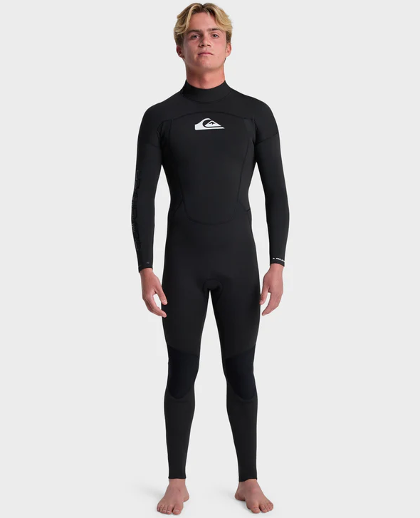 Quiksilver Prologue+ 4/3mm GBS Back Zip Wetsuit in black with white Quiksilver logo on model from front