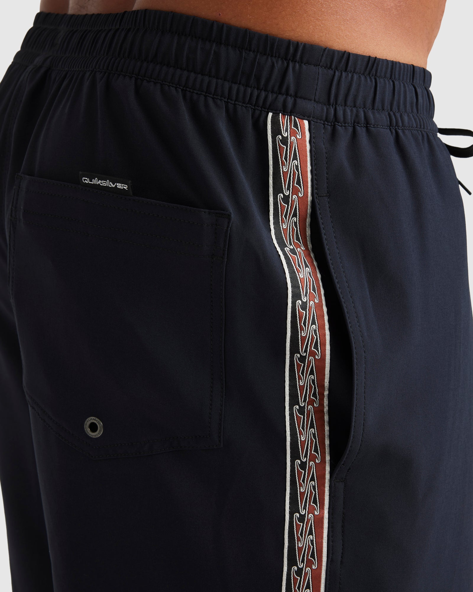 Quiksilver Pu Tawhiro Kehu Volley Shorts in black from rear showing maori design panel