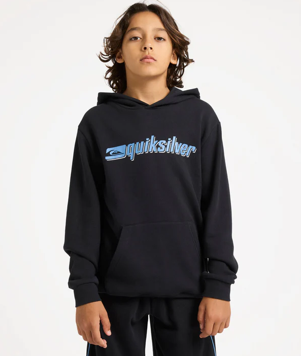 Quiksilver Reflex Youth Hoodie in black with blue print from front close up