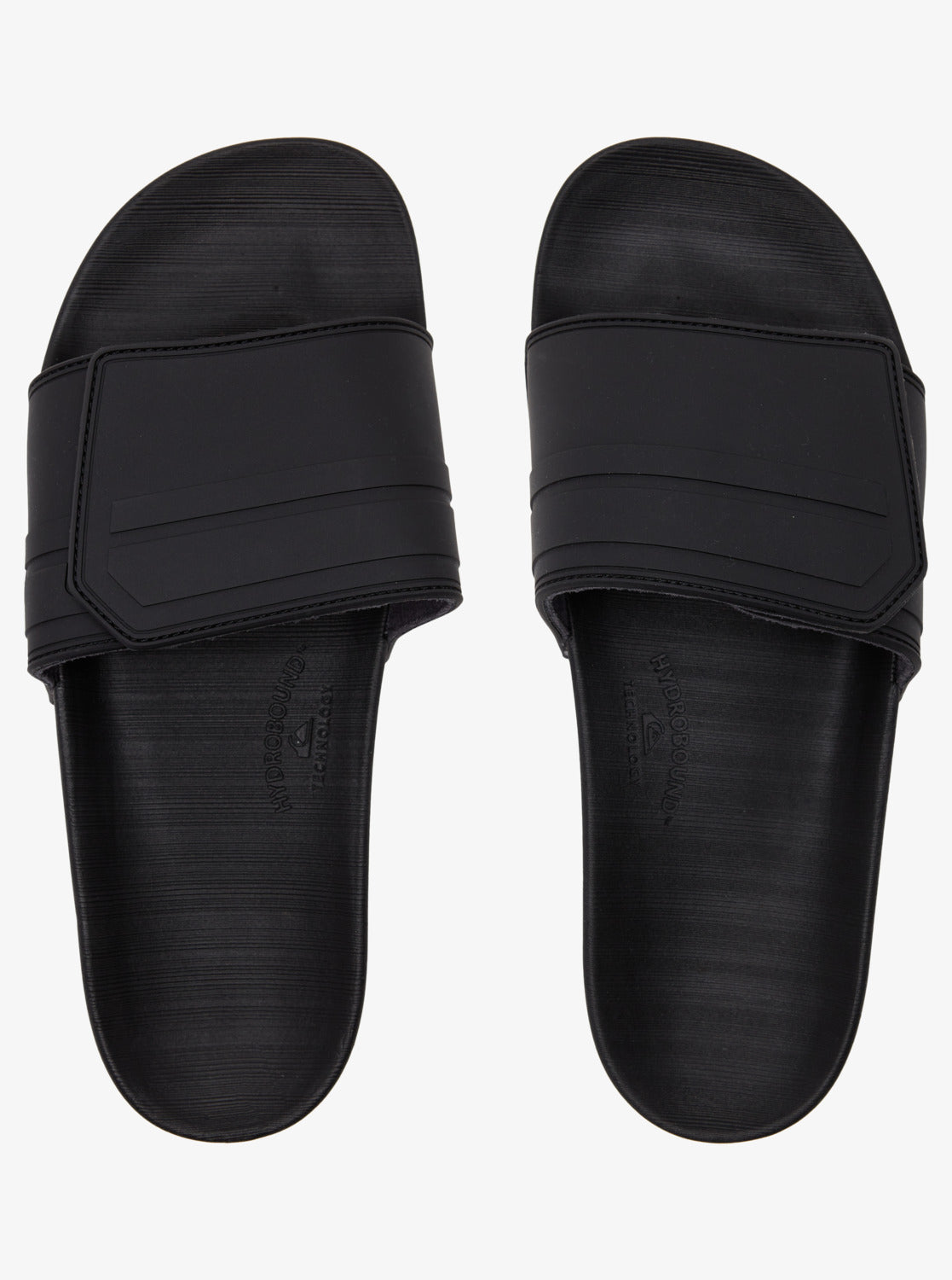 Quiksilver Rivi Adjustable Slides in black and grey showing a pair of slides from the top