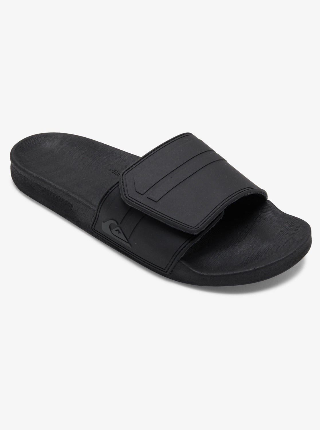 Quiksilver Rivi Adjustable Slides in black and grey showing right slide from side